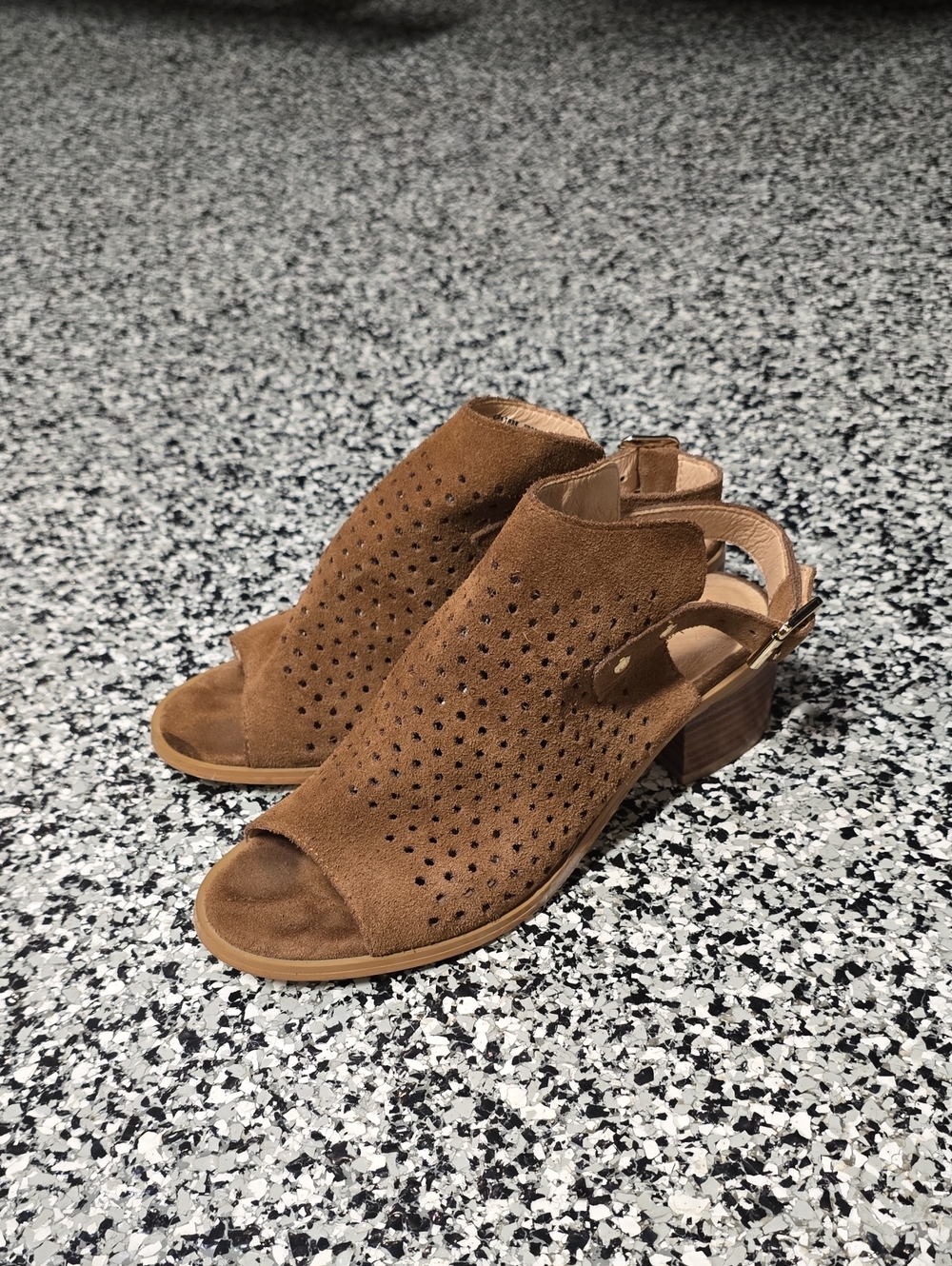 Catherine Malandrino Tan Suede Peep-Toe Slingback Block Heel Mules